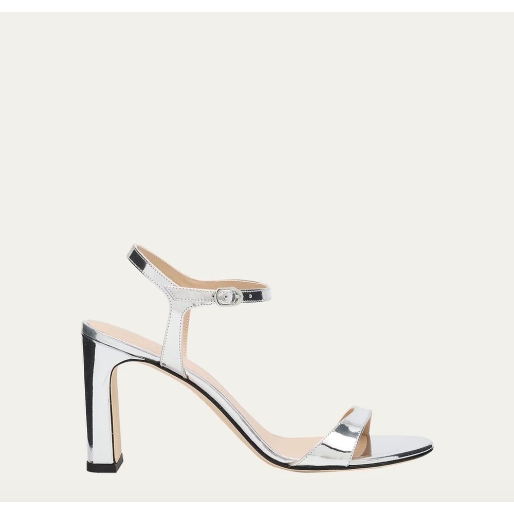 Stuart Weitzman Babette 85 Silver Metallic Mirror Leather Block Heel Sandals 7.5